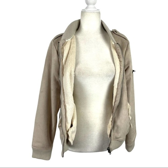 Chaser Faux Fur Lined Faux Suede Cropped Full Zip Jacket in Beige Size Medium - Picture 10 of 15